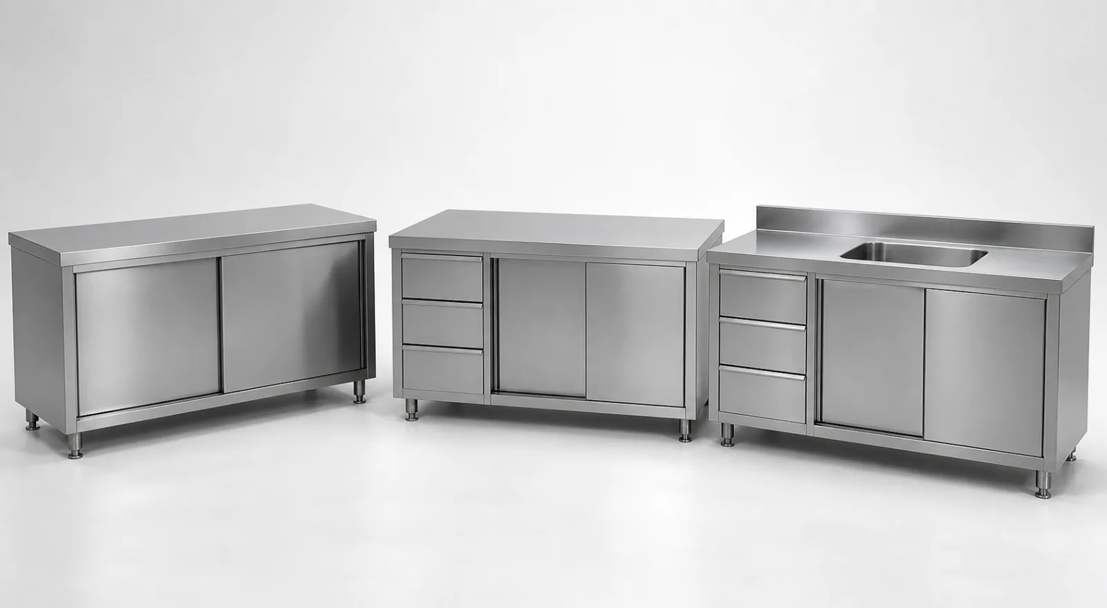 Concept lineup of three stainless commercial cabinet reference configurations for Australian project discussion