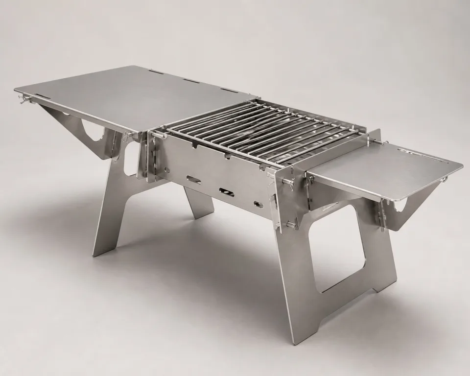 Concept render of a detachable flat-pack stainless outdoor charcoal grill with removable side work surfaces