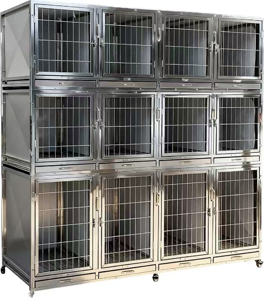 Custom multi-tier 304 stainless steel veterinary cage bank