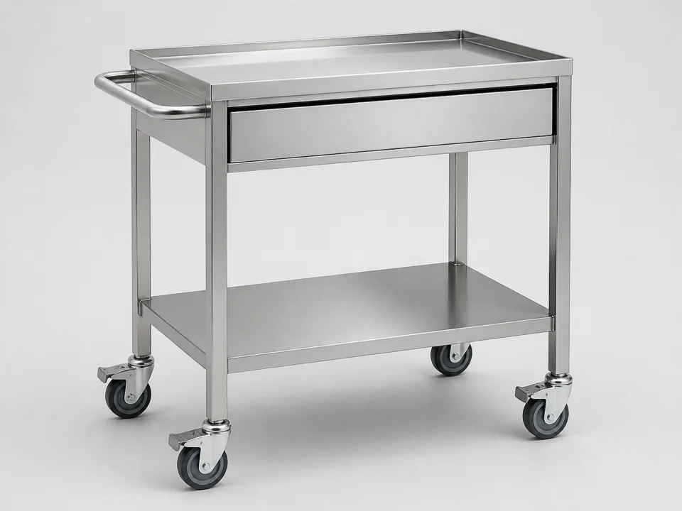 Design study showing a stainless mobile utility trolley with drawer, undershelf and castors