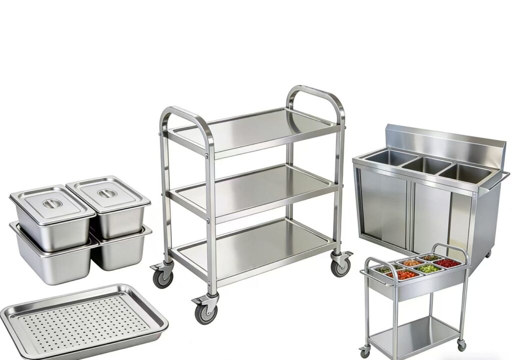 304 Stainless Steel Commercial Food Service Equipment Collection, Including Utility Carts, GN Pans & Food Prep Stations for Restaurant Kitchen