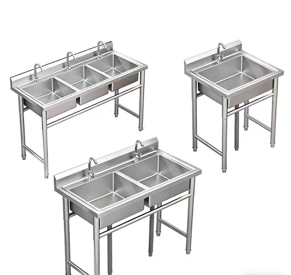 201/304 Stainless Steel Freestanding Commercial Kitchen Sink Station, Single/Double/Triple Bowl Workbench Sink